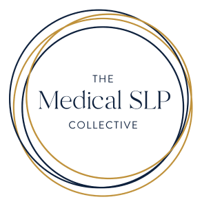 logo for the Medical SLP collective in black text with gold and black rings around the text