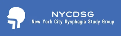 logo for NYCDSG New York City Dysphagia Study Group in white text inside blue rectangle with white image of head
