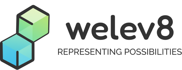 logo of two cubes in gradient blue and gradient green diagonally on top of each other - company we elevate and tagline representing possibilities