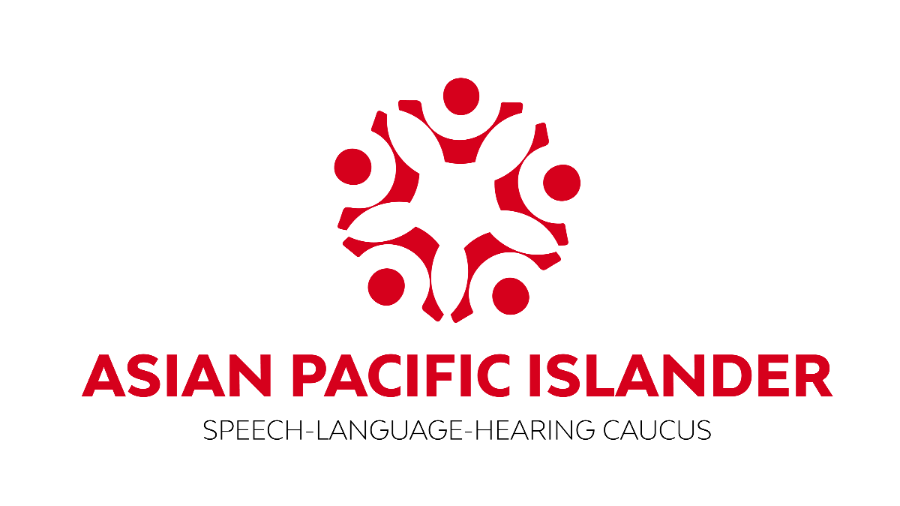 logo for Asian Pacific Islander Speech-Language-Hearing Caucus in red text with red circular radial symmetry logo of five people raising hands up