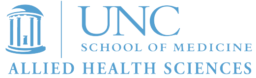 logo for UNC School of Medicine Allied Health Sciences with blue round structure all in light blue color