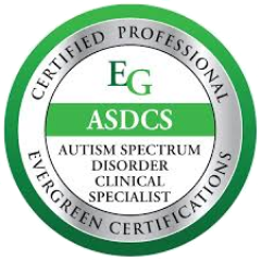 logo for EG ASDCS Autism Spectrum Disorder Clinical Specialist in green, gray, and white colors inside a circle