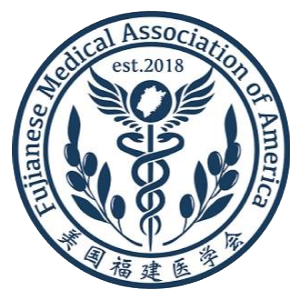 logo for the Fujianese Medical Association of America in dark blue circular logo with chinese translation and established 2018 with medical and wheat images