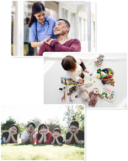 collage of three pictures. one with asian therapist helping adult, one with baby playing with toys, one with asian family of five lying on grass field side by side smiling